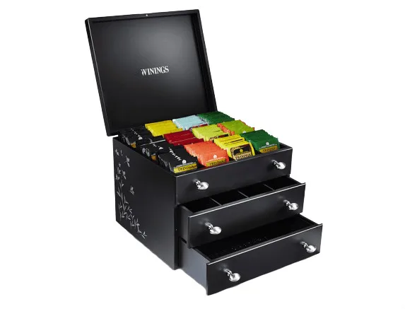 3 Tier Custom Cosmetic,small items ,tea bags Display Cases Storage Wooden Box with removable divider & drawer