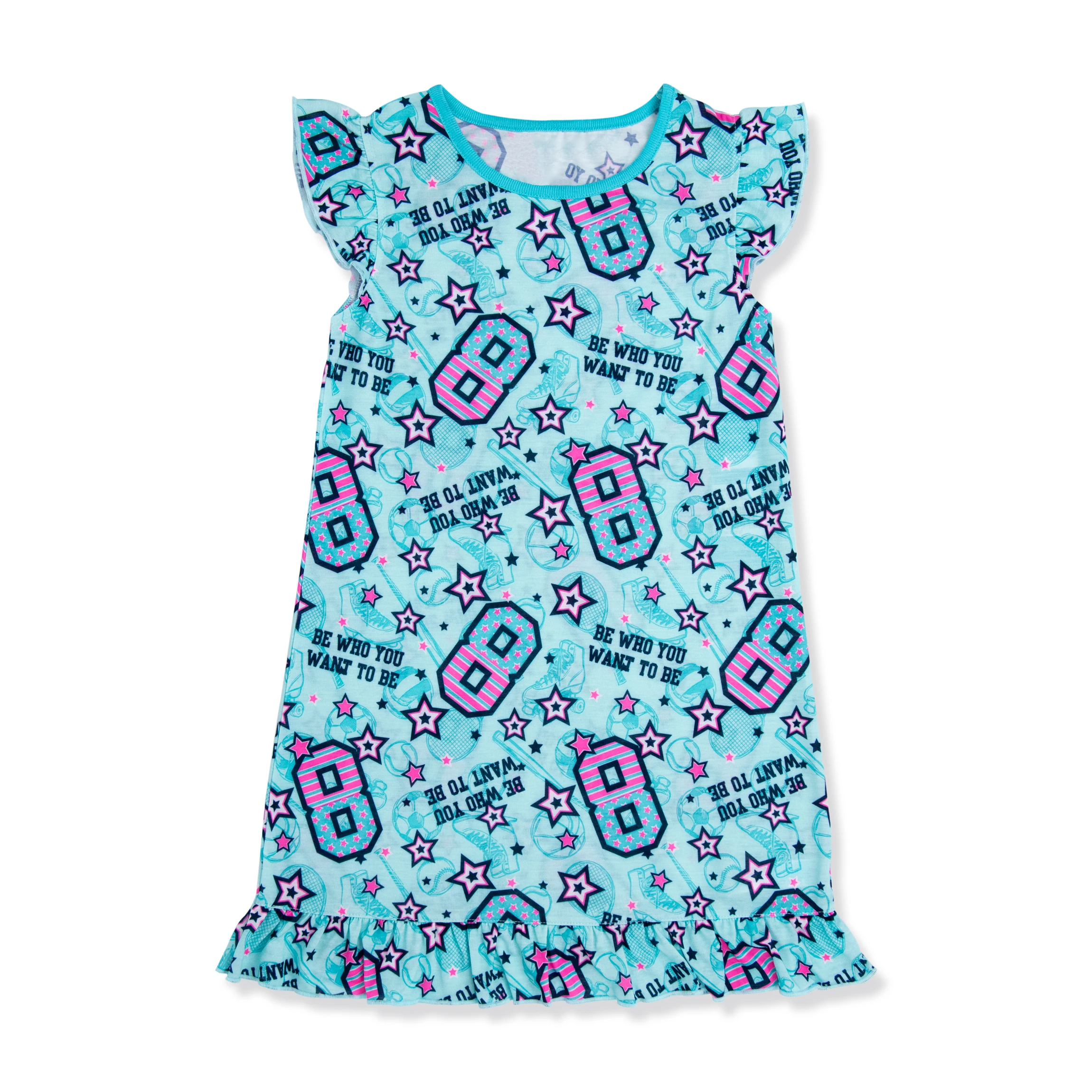 One piece Girl sublimation all over printing lovely blue sleepwear fashion print clothing ruffle sleeve top night dress for kids