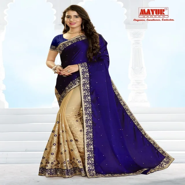 
 Сари Mayur, новинка, Королевский синий цвет, полишелковый камень, тяжелый свадебный сари  