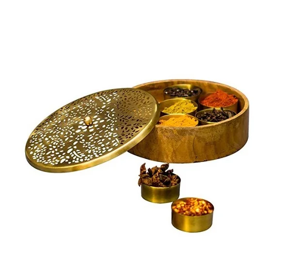 Bulk Stainless Steel Rose Gold Polished Hammered Masala Spice Box With Spoon And Seven Jar Container Box