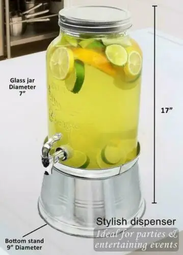 Bottle Dispenser, 2 Glass Mason Jar Beverage Drink Dispenser W/Ice Bucket Stand Leak-Free 1.5gallo