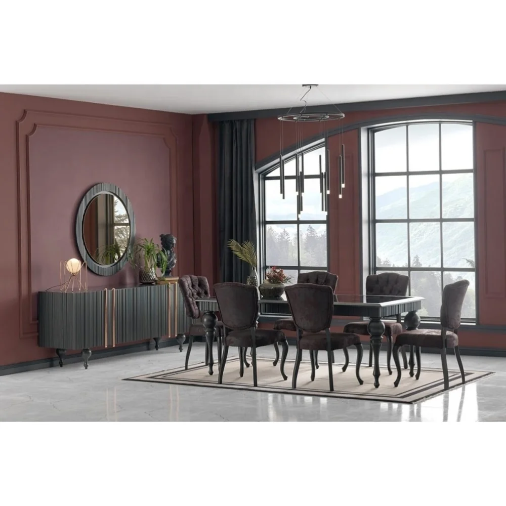 
IDER MILET DINING ROOM SET (Rich, Bold, Dark Colors, Classic, Luxurious Style, Marble Effect on Table & Console Top) 
