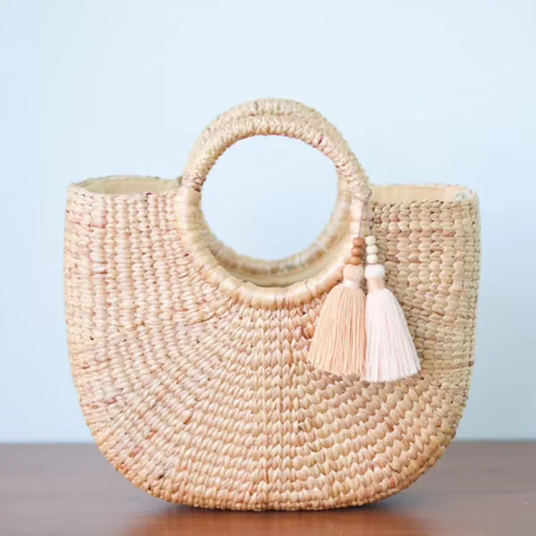 Women Round Handle Ring Retro Summer Beach Straw Bag, Hand-woven Straw Bag in Vietnam Wholesale