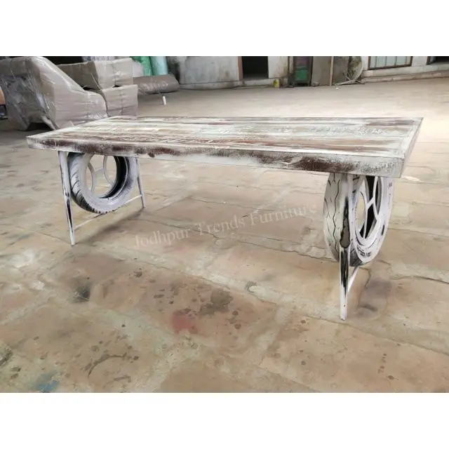 Commercial industrial Indian style furniture white washed wood and iron with wind wheels dining table