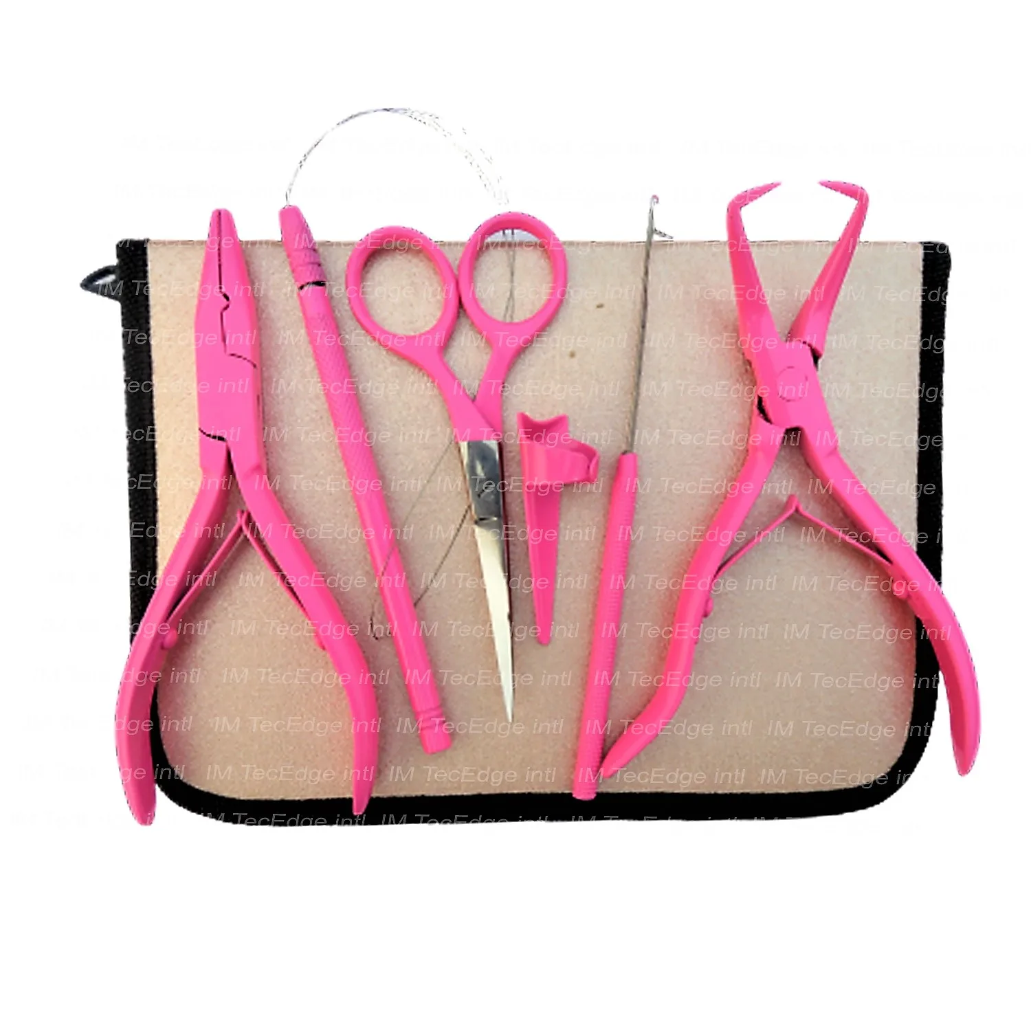 Professional Baby Pink Hair Extension Tools Kit with Hair Cutting Scissor Tape in Plier Surgical Grade Stainless Steel 10 Set