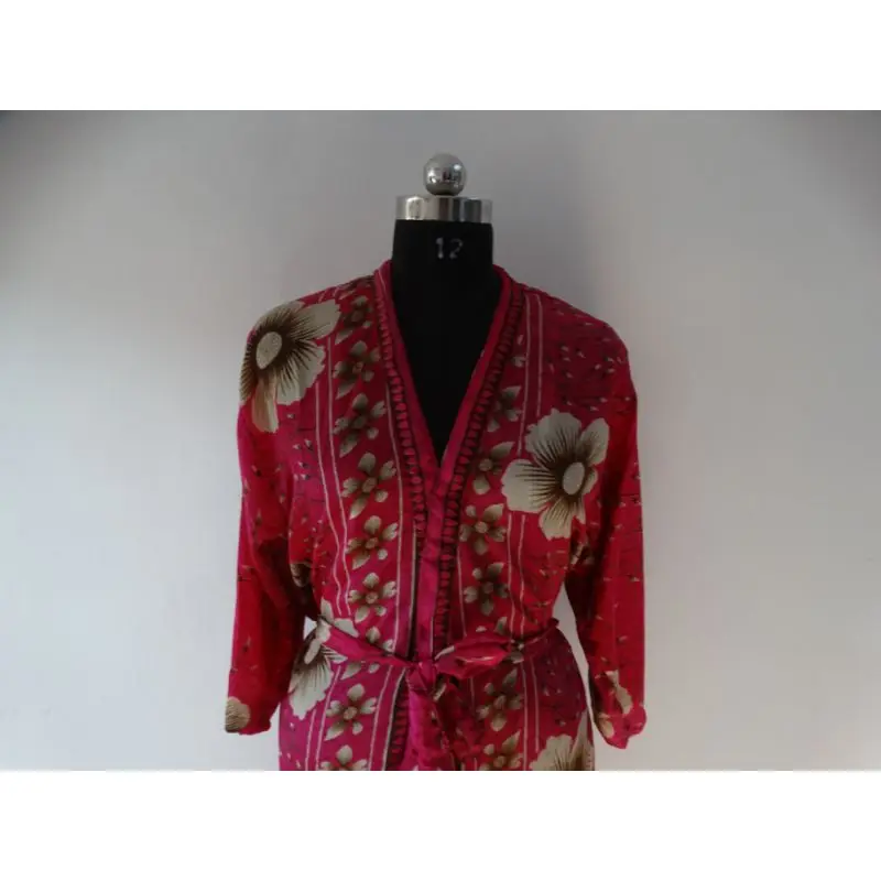 Vintage Indian Up-cycled Knee Length Bathrobe Pink- Colour Silk Saree Floral Kimono Sleepwear Handmade Maxi Gown Dress Style