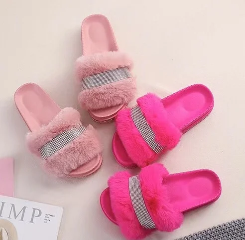 2021 Custom Fashion Soft Fluffy fox Fur slippers for Women Fur Slide for Women Custom logo Available