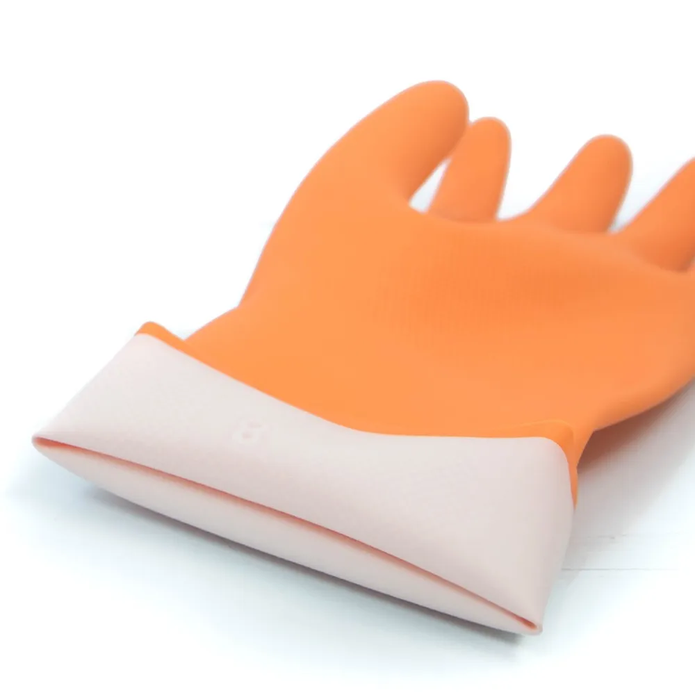 SEDEX compliance orange dipped flocklined rubber glove cleaning latex rubber gloves for washing kitchen bathroom toilet cleaning