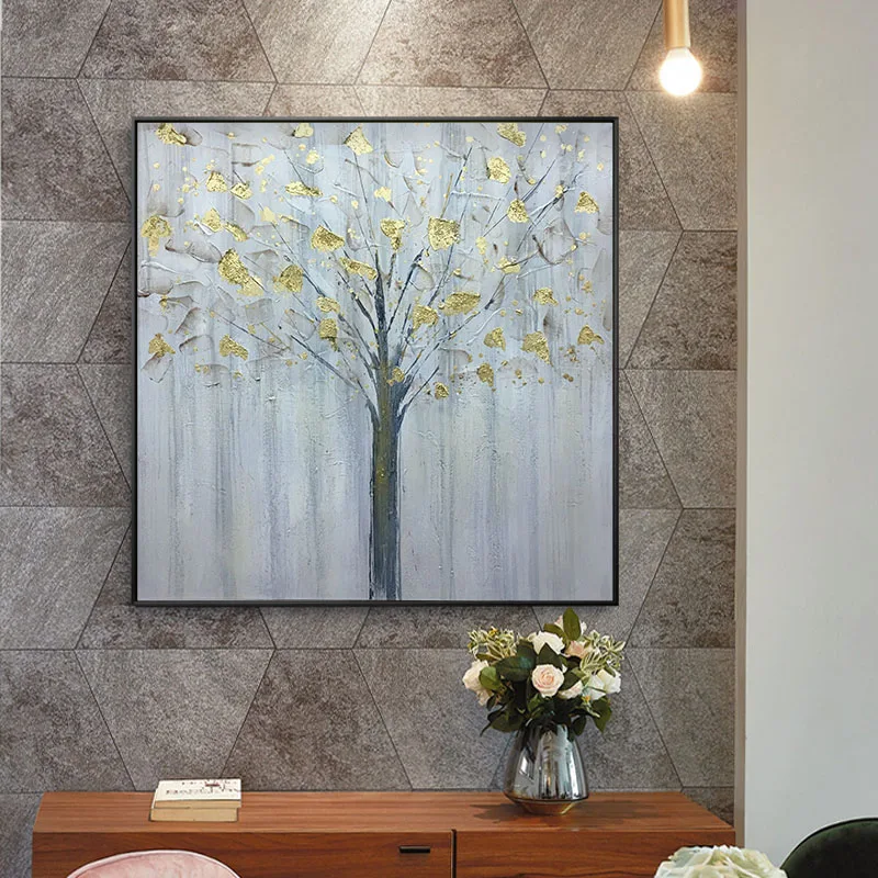 Чистая Ручная роспись Абстрактная Золотая Листья картина маслом Современная Минималистичная декоративная живопись 20*20 дюймов
