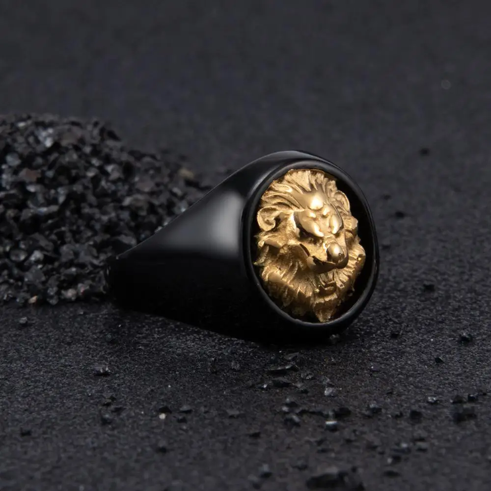 Custom Fashion Mens Jewelry Black Stainless Steel Gold Lion Head Finger Class Ring
