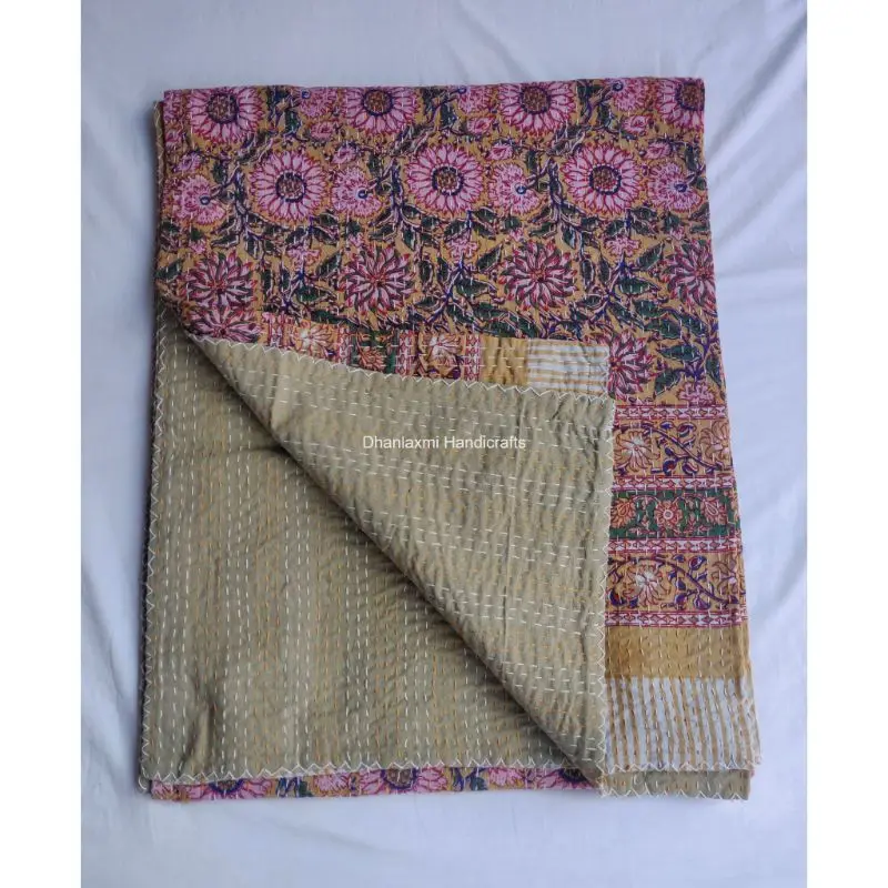 Multi- Colour Indian Handmade Print Floral Cotton Kantha Quilt Beautiful Floral Wholesale Kantha Bedspread