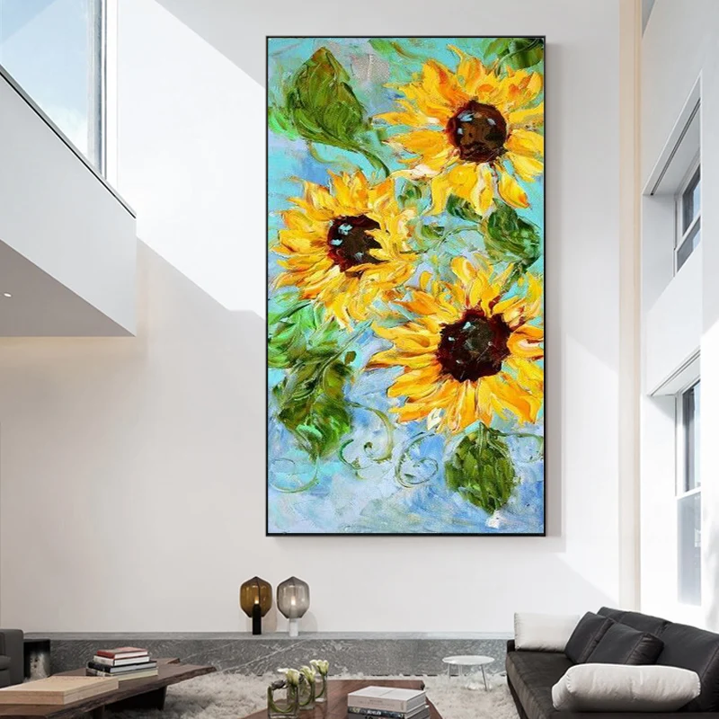 Home Restaurant Decoration Vertical Yellow Painting Large Size Pure Hand-Painted Sunflower Oil Painting