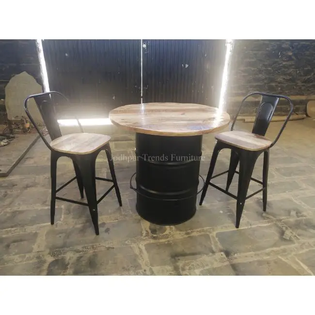 Hot selling modern Iron Metal Drum Center Table And Chair For Cafe Restaurant Furniture Coffee Table And Chair