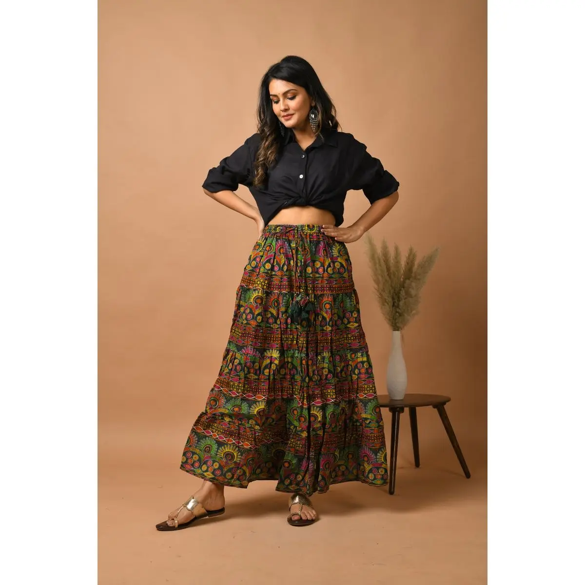 Latets in fashion Green Floral Flared Cotton Skirt for womens