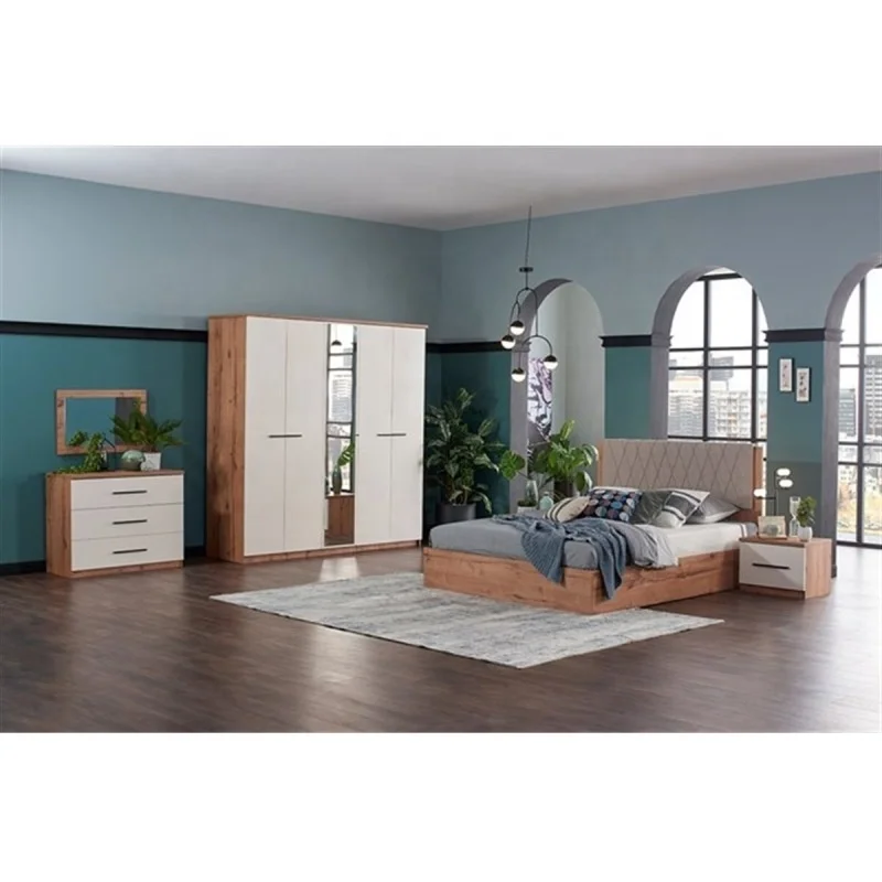 
IDER ZEUS Bedroom Set (Economic, Modern Minimal Style, Natural Wood & Cream Color, Bedset, N.Stand, Dresser and 5 Door Wardrobe) 