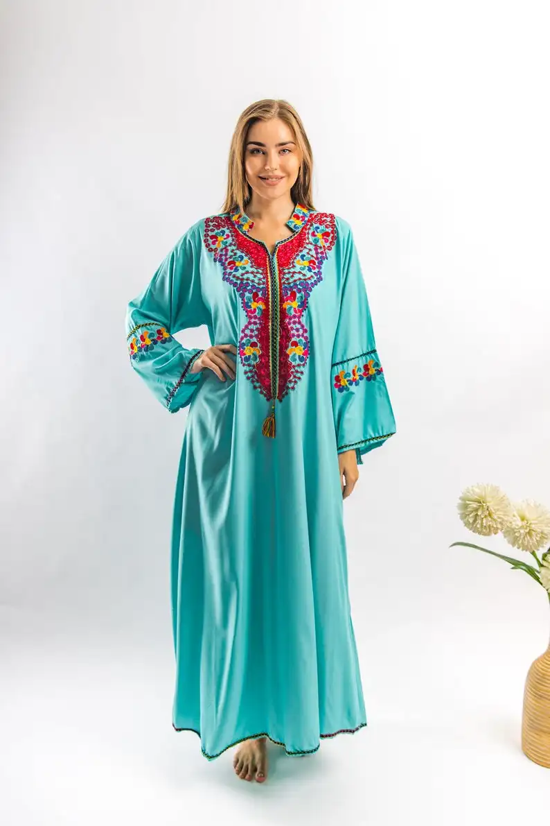 Boho Hand Embroidered Dress Women Casual Ethnic Style Clothes Long Sleeve V Neck Bohemian Short Dress