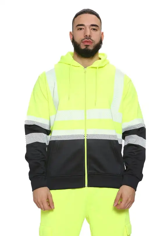 Reflective Hoodies Working High Vis Green/Navy Zipper Hoodie Adjustable Drawstring Around the Hood For Comfy Fit 100% Polyester