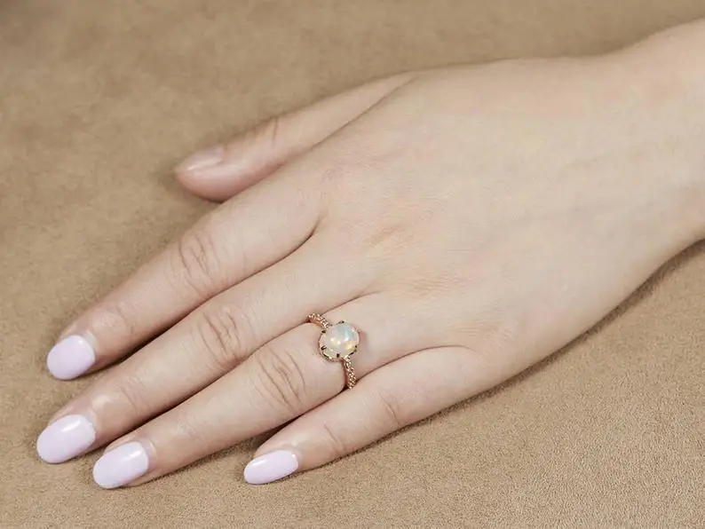 Fire Opal Engagement Ring Unique Art Deco 6-Prong Set Vintage Floral Bridal Wedding Band Silver Rose Gold Plated 925