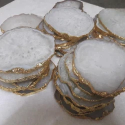 From ORGONE EXPORT Salt Agate Coaster Edge : Wholesale Bulk Agate Coaster High Quality White with Golden Gemstone Feng Shui Love