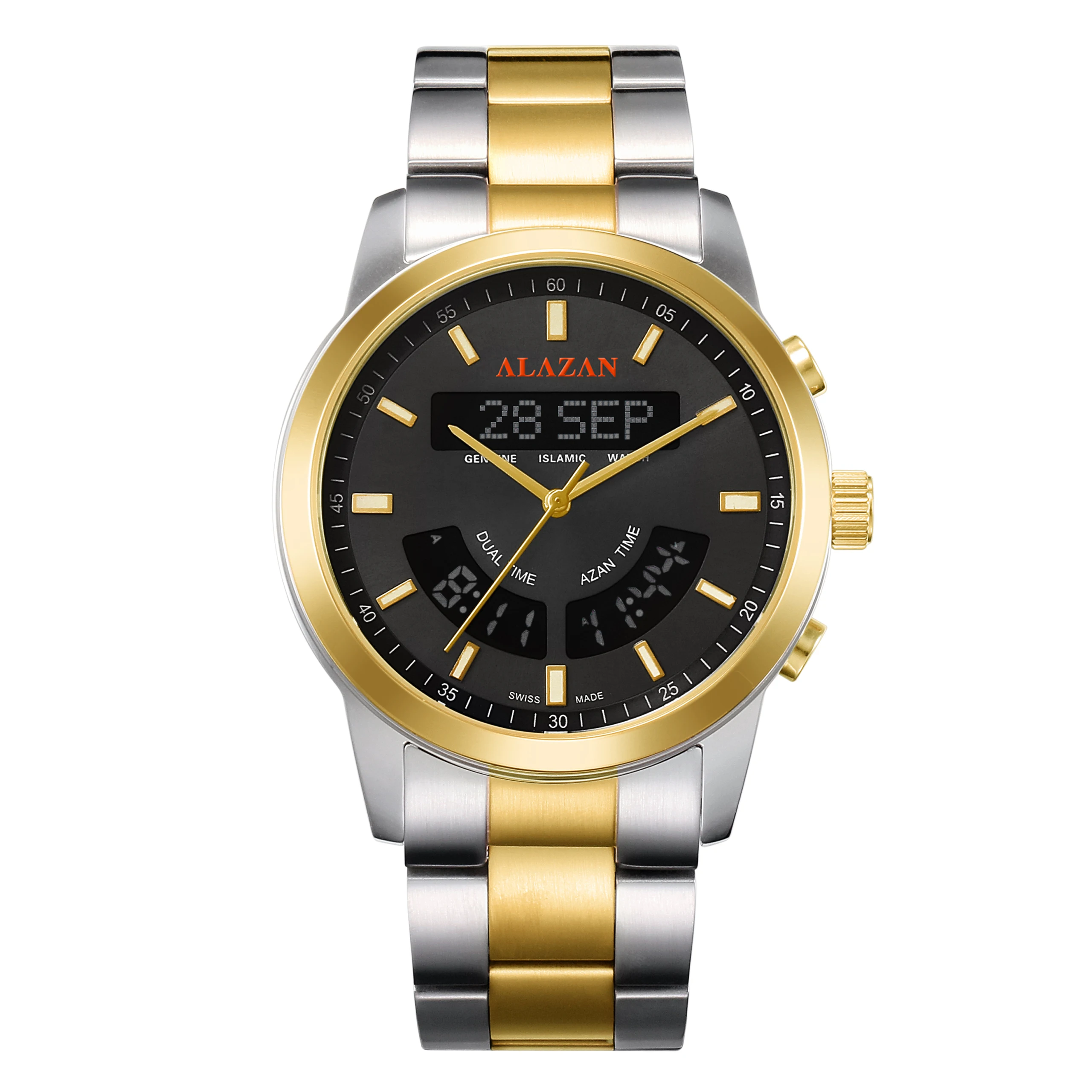 alazan Islamic alasr muslim azan alfajr Stainless steel prayer  qibla compass waterproof kaaba  clock watch factory wholesaler