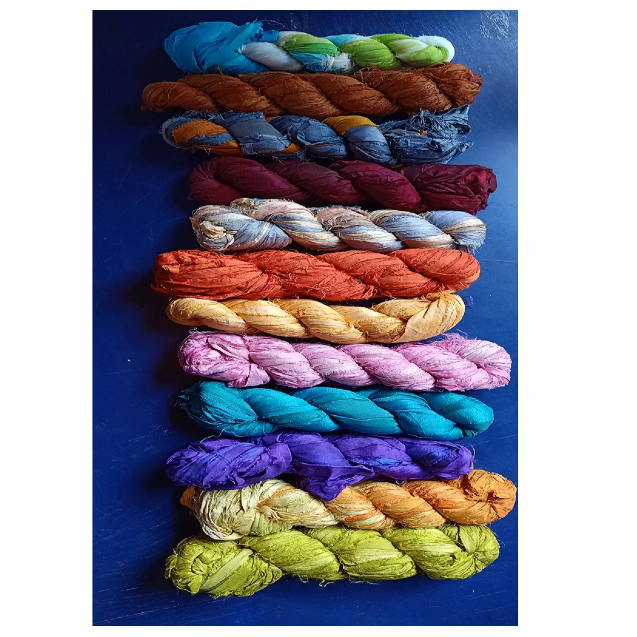 sari silk ribbon made from recycled silk sari available in 100 gram skeins suitable for yarn and fibre stores and for jewellery