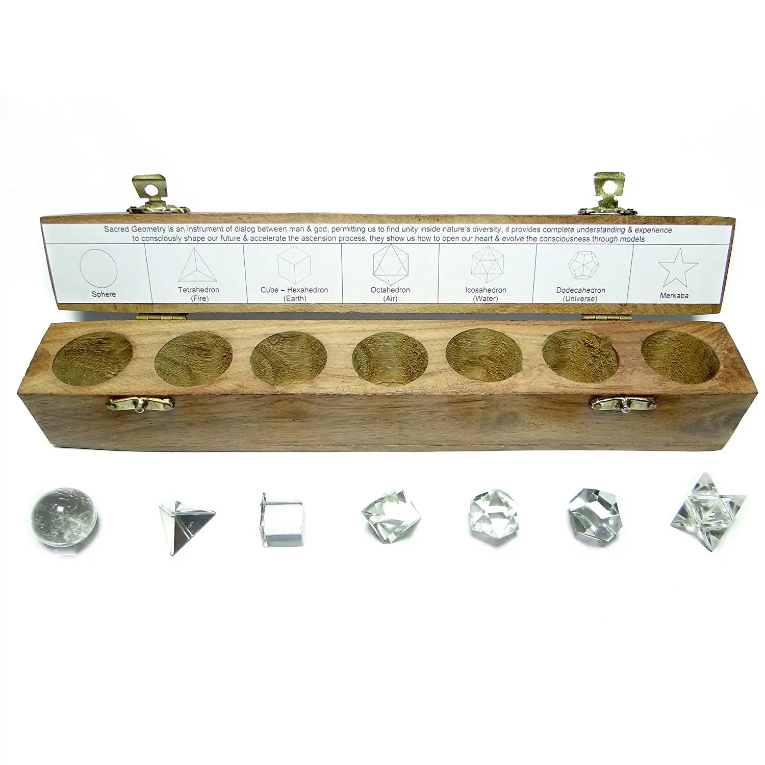 Clear quartz Crystal 7pcs sacred Geometry sets : wholesale Sacred Geometry set with wooden Box at Lowest price