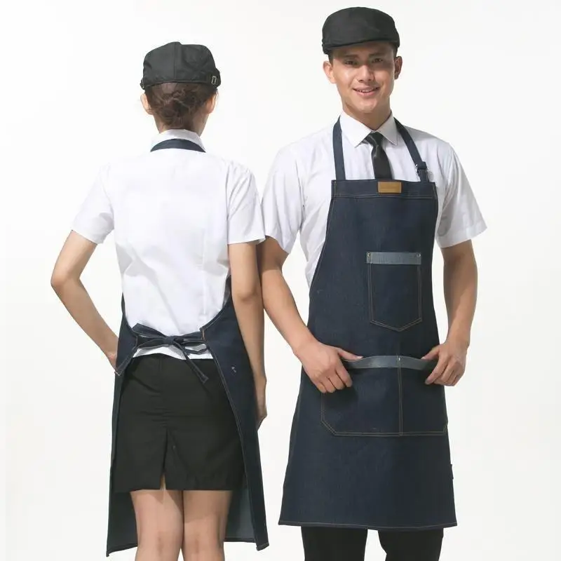 Cotton Jeans Aprons Denim Simple Uniform Unisex Adult Coffee Tea Shop Work BBQ 3 in 1 Piece