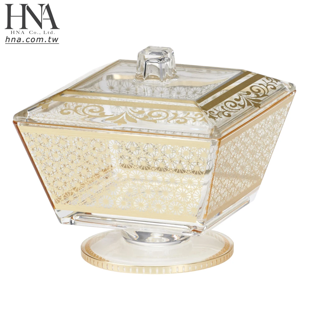 HNA Taiwan Made Plastic Gold Silver Design Square Compote Candy Jar with Stand Cover