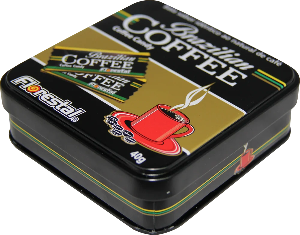 9878 - Brazilian Coffee Hard Candy Flowpack - Tin with 10 units 40g x 4 Displays
