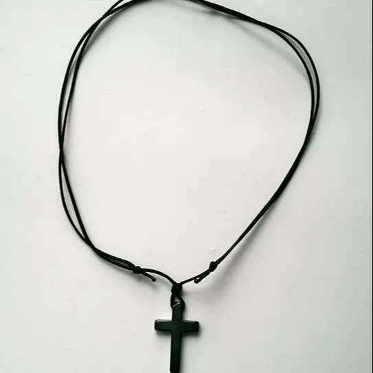Jet Black Marble Cross String Necklace