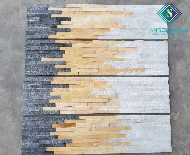  Natural color quartz BLACK MIXED WHITE AND YELLOW stone wall panel from VietNam Stone