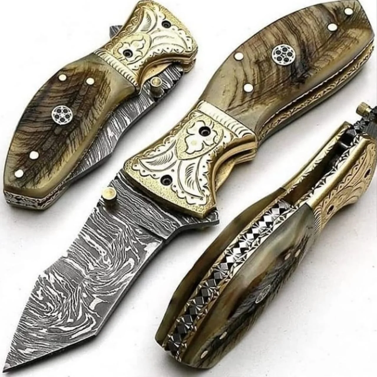 Handmade Engraving Brass  folding Knife / Sheep Horn Handle Folding Knife  /   Steel  Camping Knife