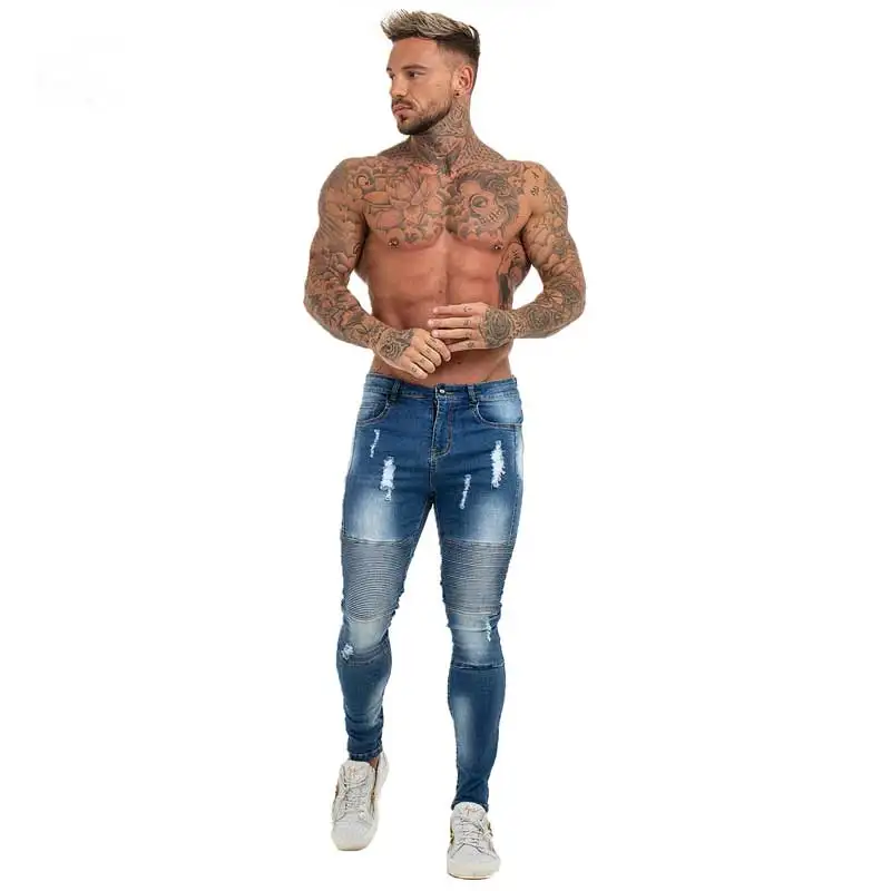 
Skinny Distressed Elastic Waist Jeans Pant Slim Fit Ripped Mens Jeans Big and Tall Stretch Blue Jeans for Men 