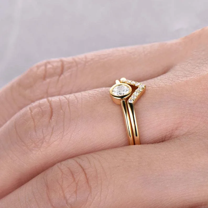 925 Sterling Silver Ring Set Minimalist Wedding Band Dainty Diamond Simulant Bridal Yellow Gold Plated Handmade Jewelry