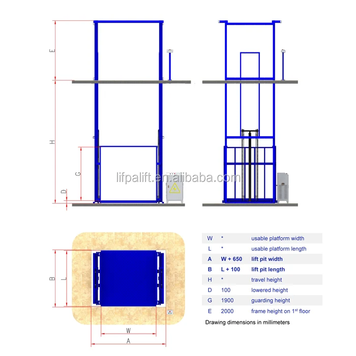 1000kg Electric Powered 3 Floor Hydraulic Cargo Lift