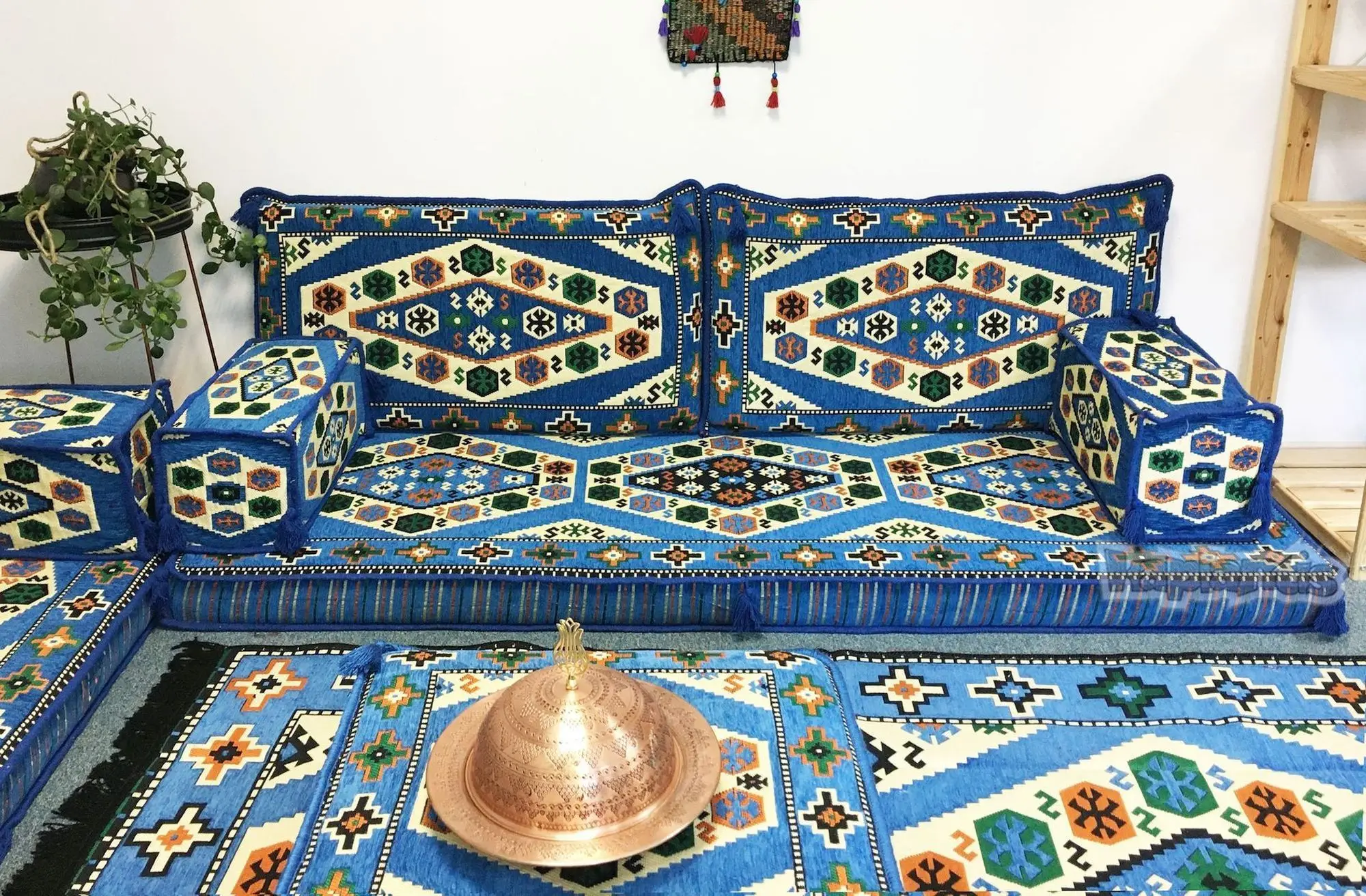 Hookah Bar Nargile Arabic Seating Floor Cushion Set Blue with 22 Density Foam Fillings