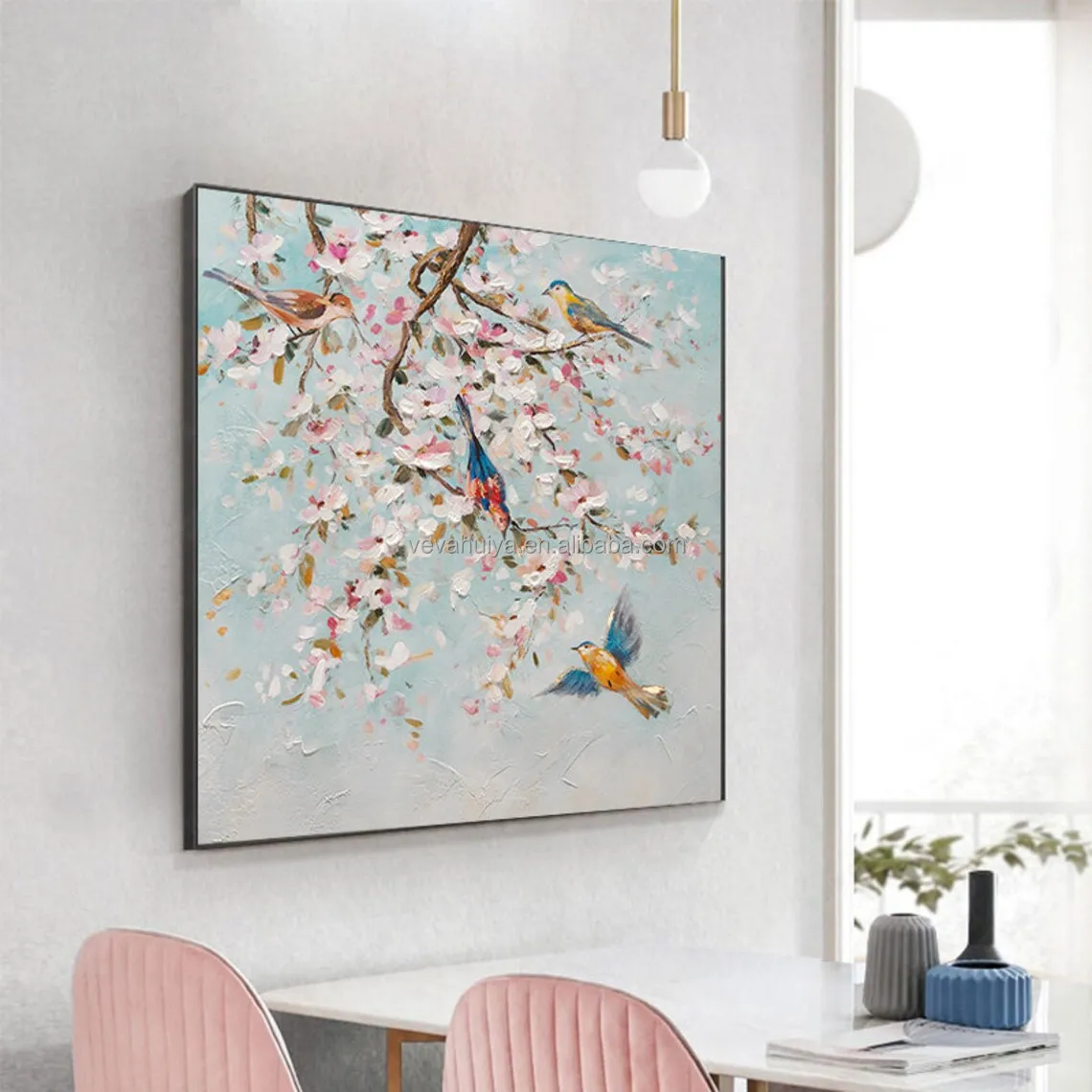 Оригинальная 3D картина маслом палитра нож Картина Дерево Птицы Цветок Ручная роспись на холсте настенное искусство для нового дома как домашний теплый