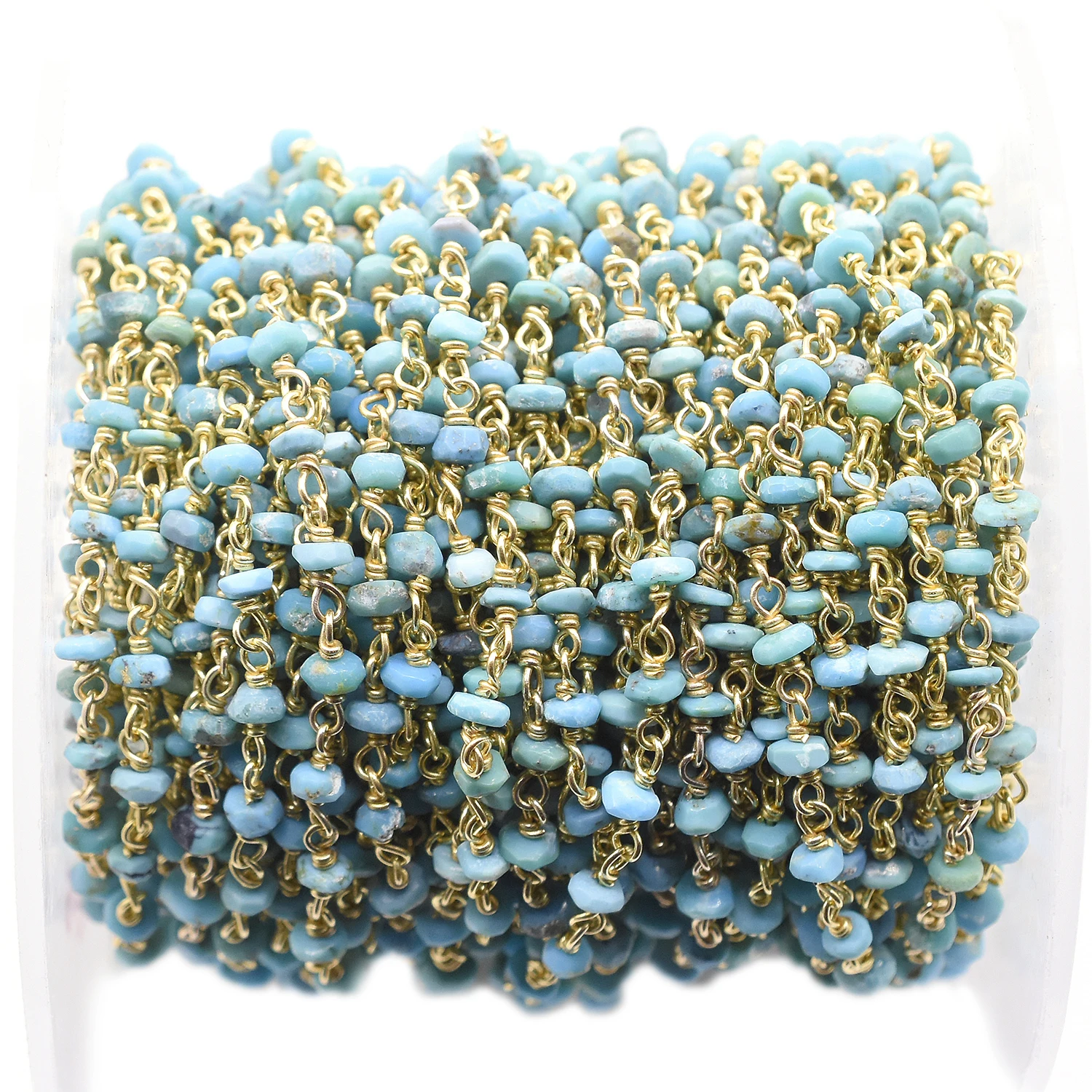 Kingman Block Turquoise Rondelle Shape Sterling Silver Gold Plated Rosary Wire Wrap Chain.