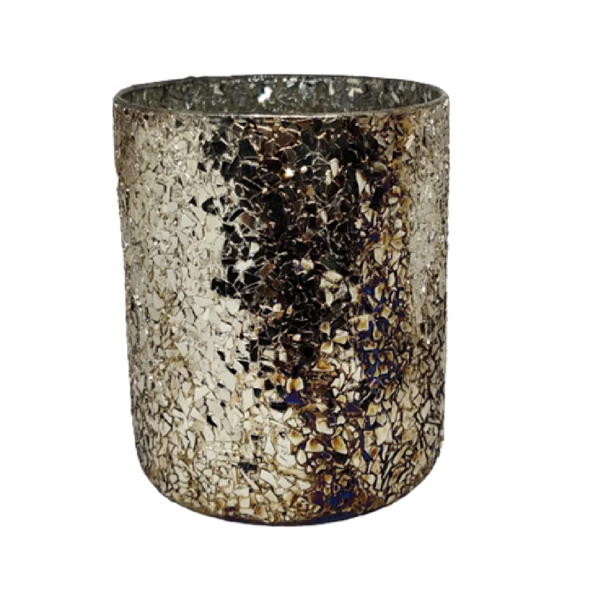 Wholesale Bulk Custom Silver Golden Dark Blue Mosaic Glass Candle Vessels Handcrafted Multi-purpose Home Decor for Lanterns Jars