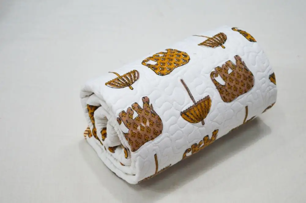 Handmade Umbrella Elephant Print Indian Quilted Bedspread Cotton Kantha Baby Quilt Throw Blanket