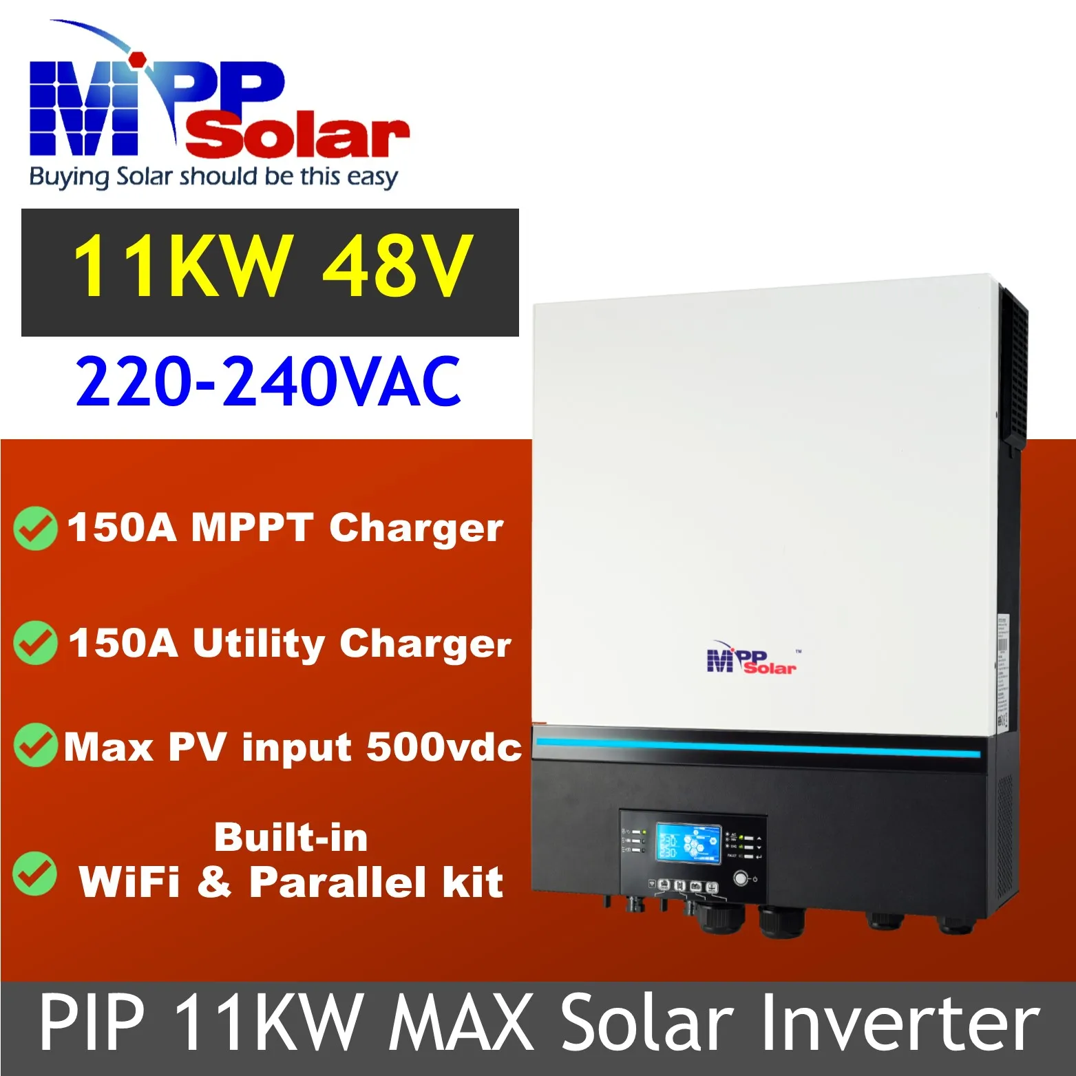 PIP11kw MAX 11000w 48v mpp solar inverter 230v PV input 500vdc 2 MPPT solar charger 150A WiFi 11000w pure sine wave