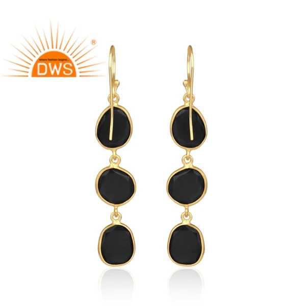 Fabulous Indian Gold Plated Designer Silver Bezel Set Drop Earrings Black Onyx Gemstone Earrings Jewelry Manufacturer