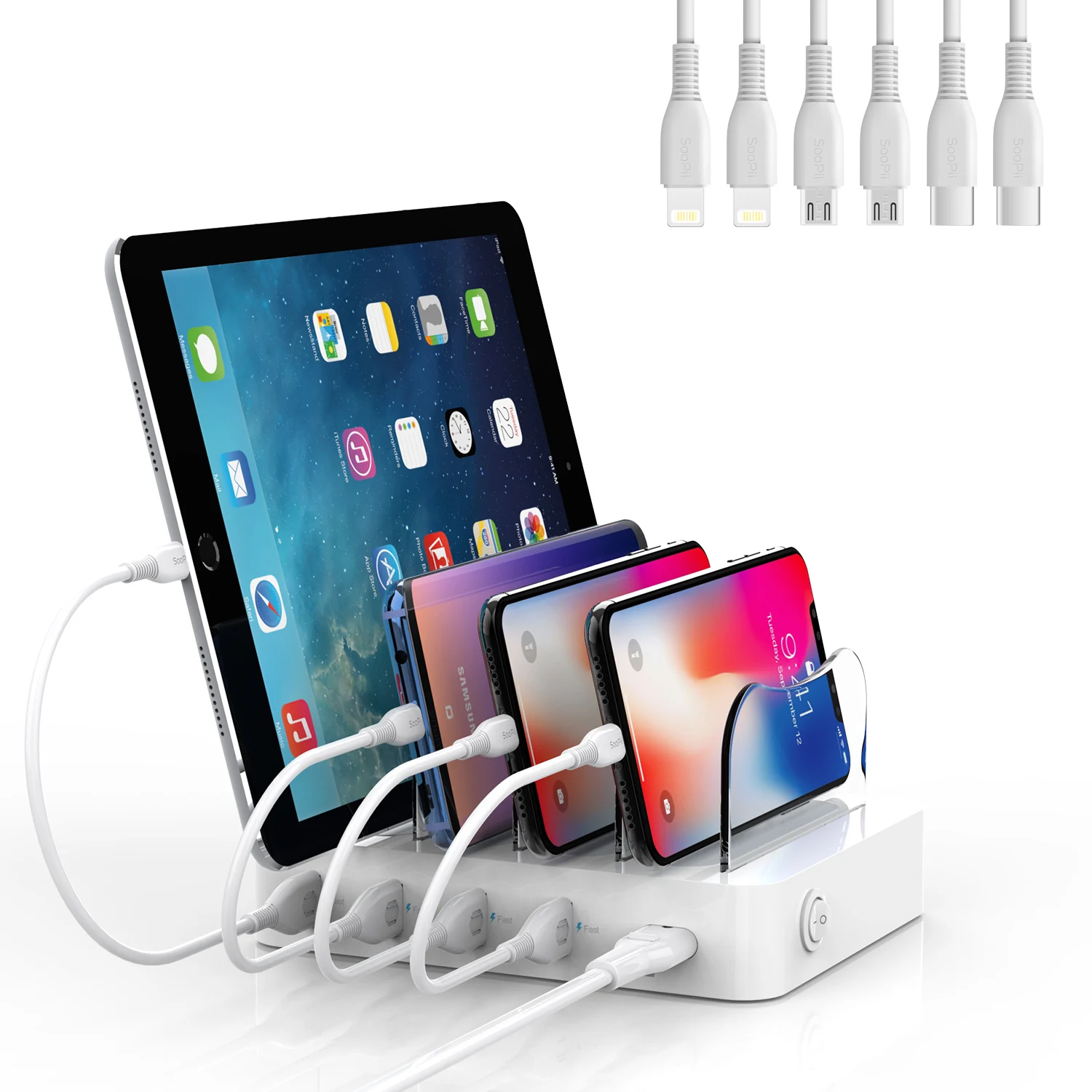 
SooPii 2020 New Design 4 Port Travel Portable Charger Station with Cables included Docking Station 