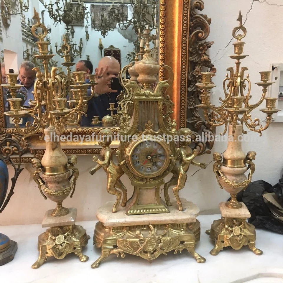 
Full Set Luxury Classic Home Decor Brass Angel Table Clock and Alabaster Candelabras 