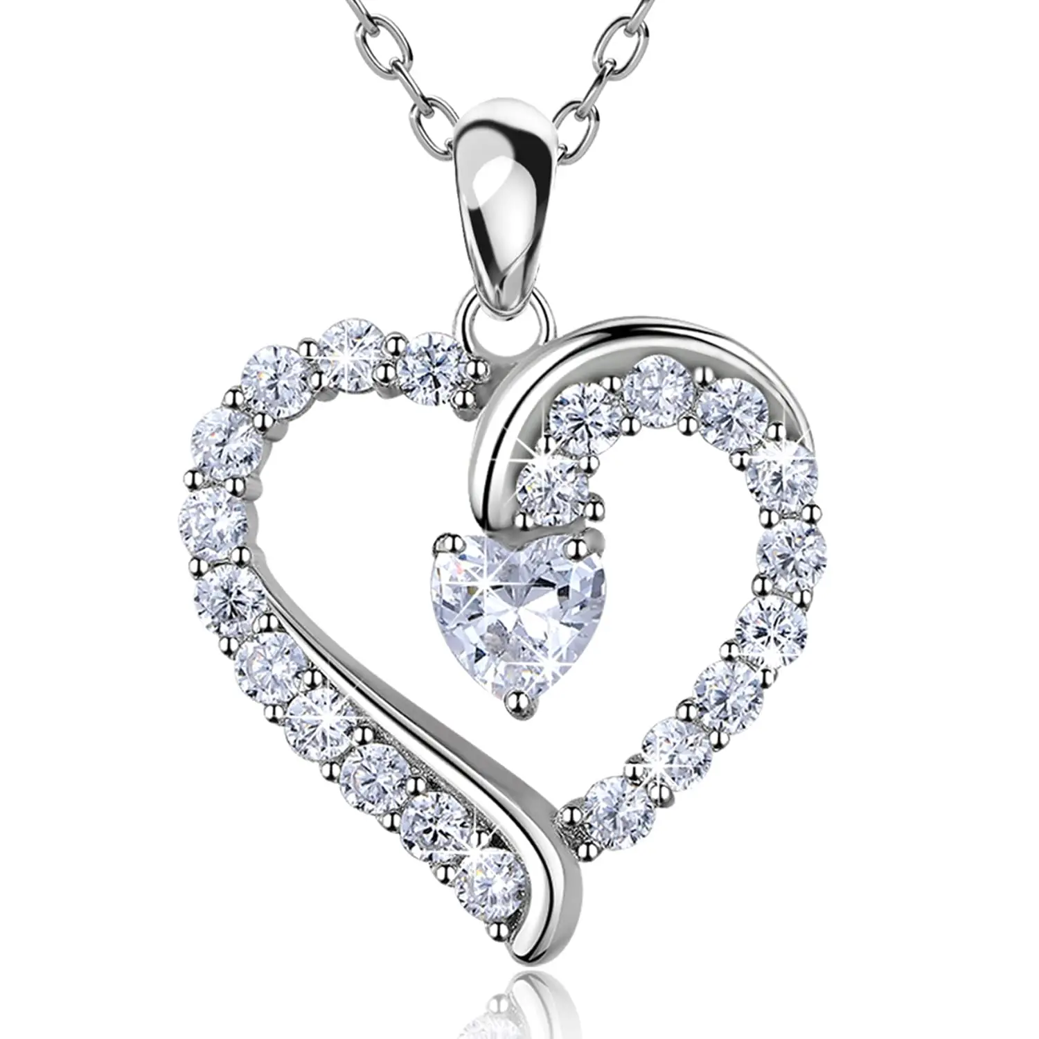 Women Fine Jewelry 925 Sterling Silver Cubic Zirconia Love Heart Pendant Birthstone Necklace