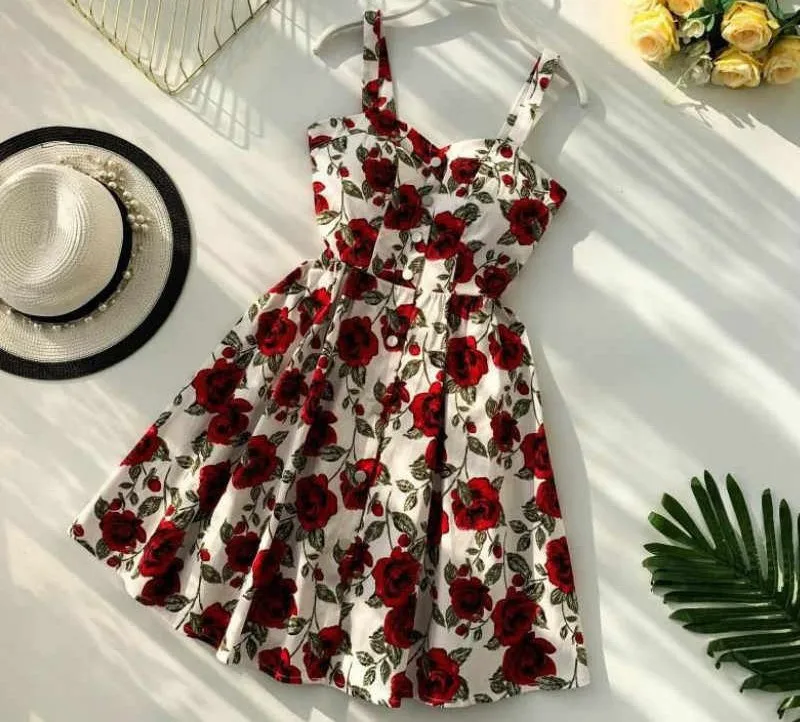 Boho 2019 Floral Print Summer Women short Dress Spaghetti V Neck Strap Retro Beach Fashion Party short Dresses