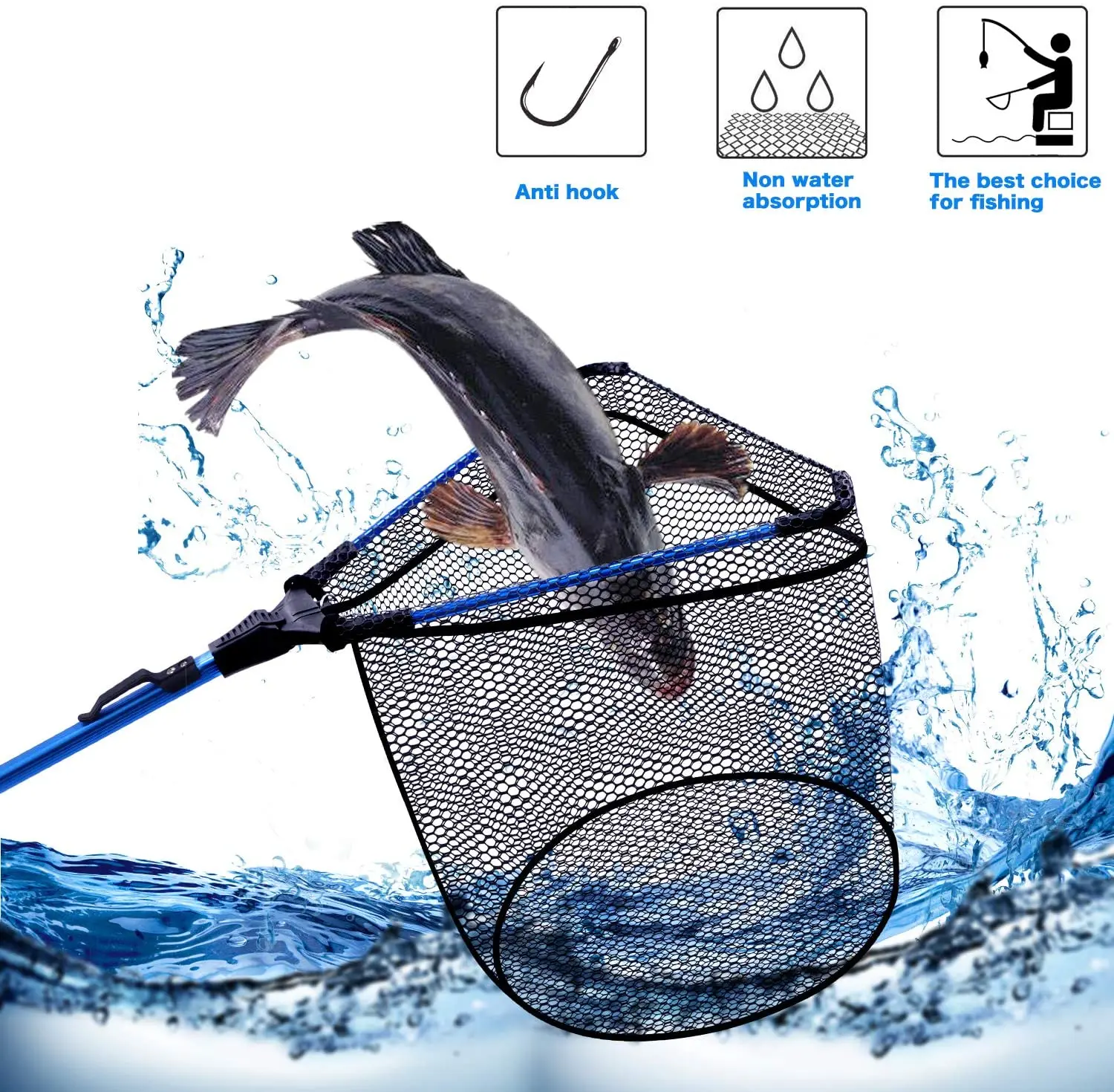 Folding Landing Net Collapsible Fishing Nets with Telescopic Pole Handle Rubber Coating Knotless Mesh