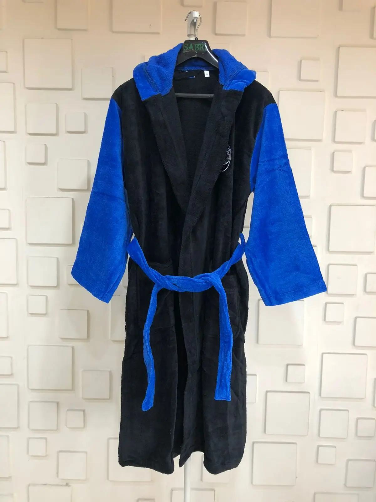 Jet Black and Blue Luxury Velour Hooded Towel 100% Cotton Bathrobe