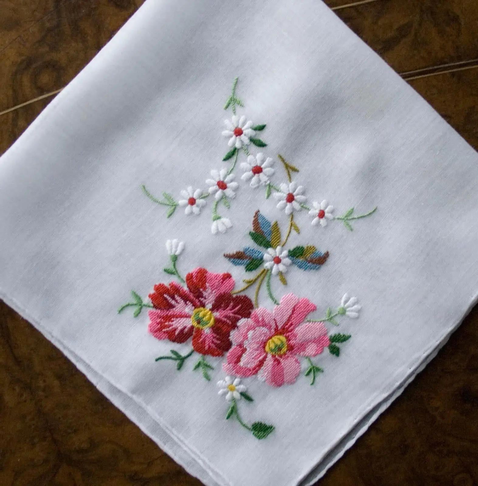Flower Handker chief hand embroidery, 100% cotton fabric, Border by machine embroidery