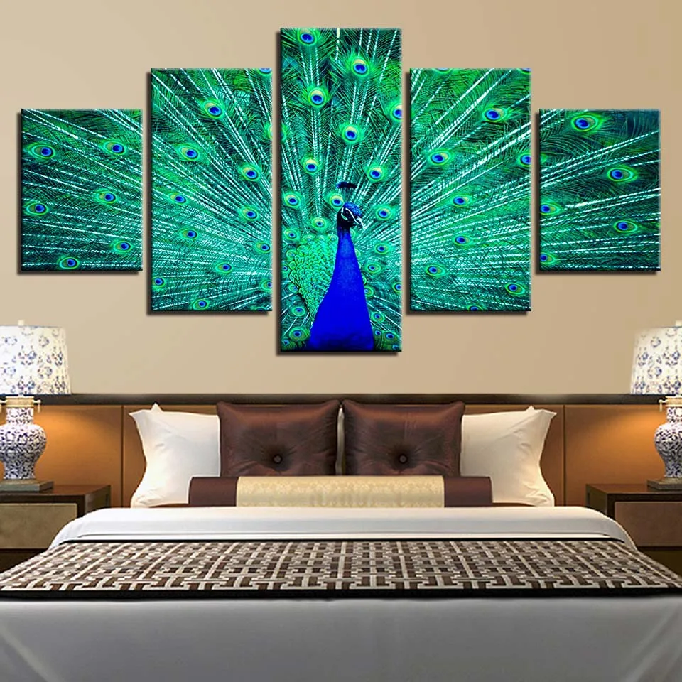 5 panels peacock tail canvas painting for home decoration